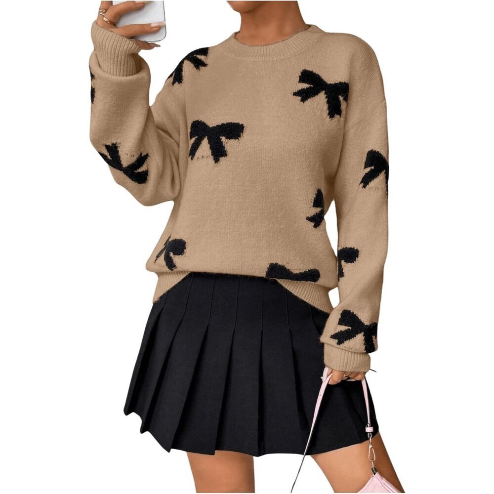 Long Sleeve Bow Sweater Women Casual Vintage Knit Fall Winter Oversized